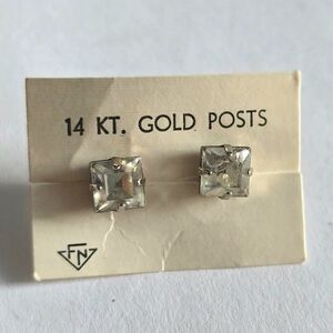 Vintage earrings 14k gold posts stud white gold silver color clear gems FN